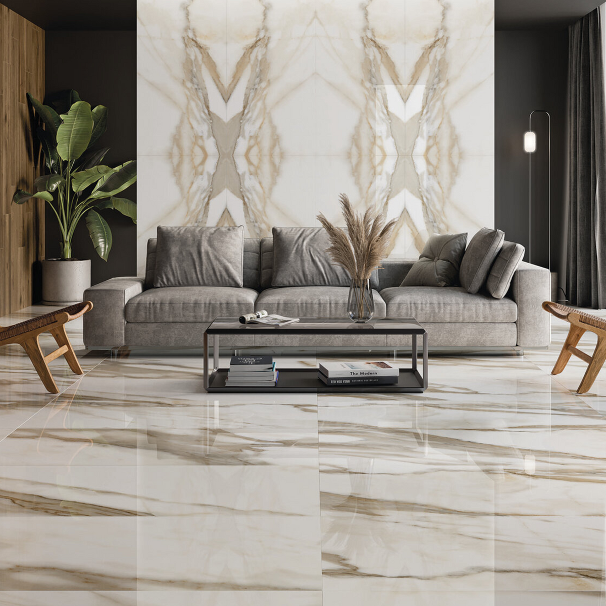 Reflect Calacatta Décor B Polished 60 x 120cm porcelain marble effect tile room setting