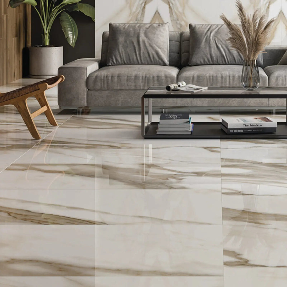 Reflect Calacatta Gold Polished 60 x 120cm porcelain marble effect tile room setting