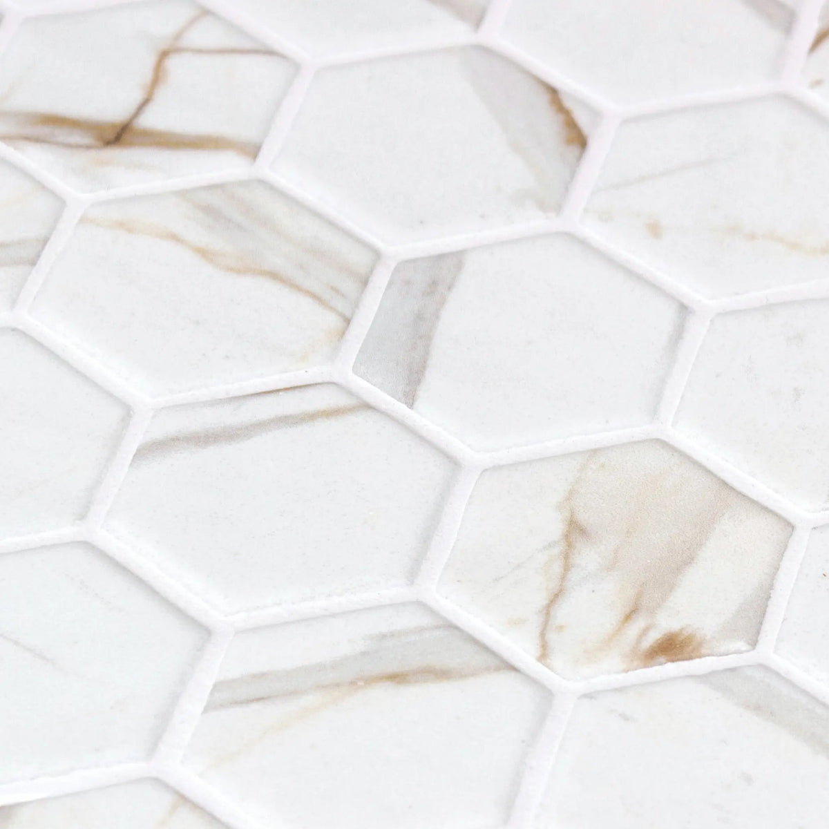 Hex XL Calacatta Gold Matte 28.6 x 28.4cm glass marble effect mosaic room setting