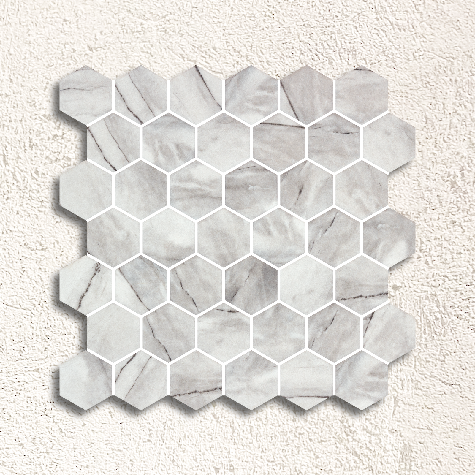 White hexagonal marble mosaic tile with subtle gray veining hex xl inverno grey matte mosaic for wall and floor use