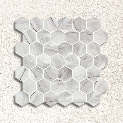 White hexagonal marble mosaic tile with subtle gray veining hex xl inverno grey matte mosaic for wall and floor use