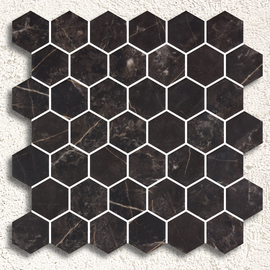 Dark brown hexagonal marble mosaic tiles with subtle veining in crisp white grout from hex xl coimbra matte mosaic