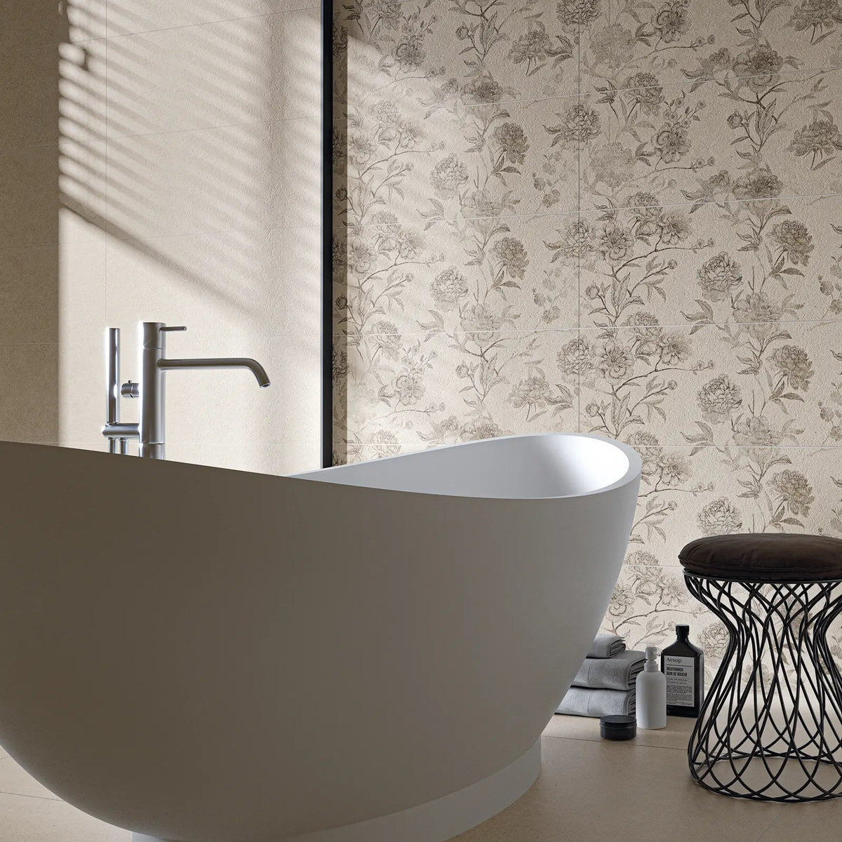 Borneo Sand Malone Decor 30 x 75cm Ceramic Tile in a bathroom setting