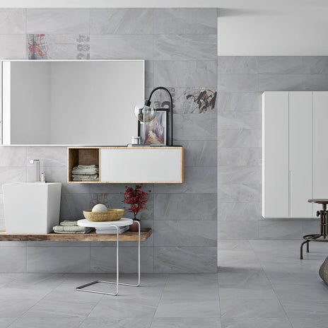 Arianne Pearl 30 x 60cm glazed ceramic marble effect tile room setting