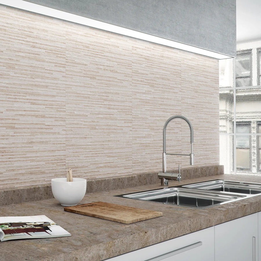 Arianne Almond Silica 30 x 60cm glazed ceramic marble effect decor tile room setting