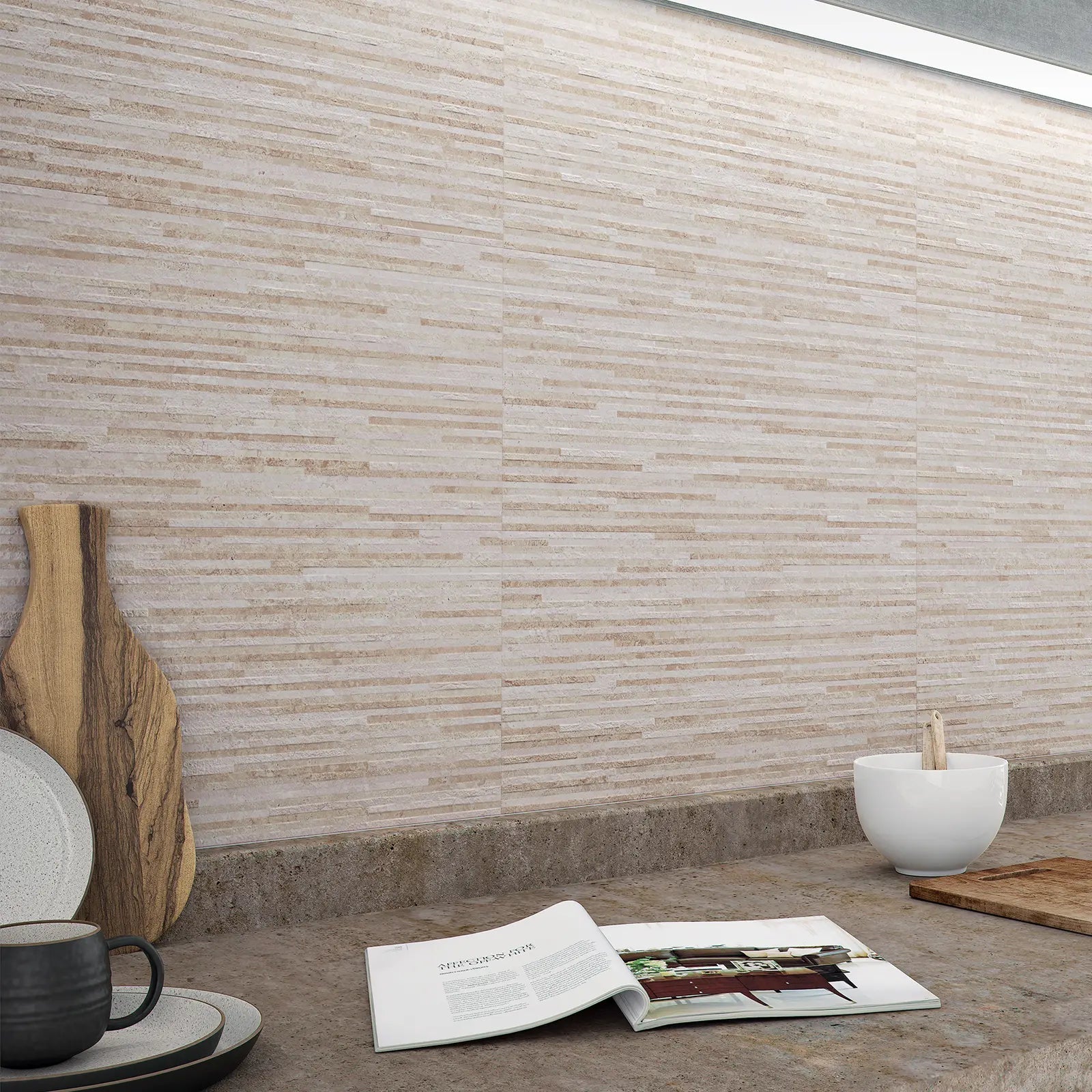 Arianne Almond Silica 30 x 60cm glazed ceramic marble effect decor tile room setting