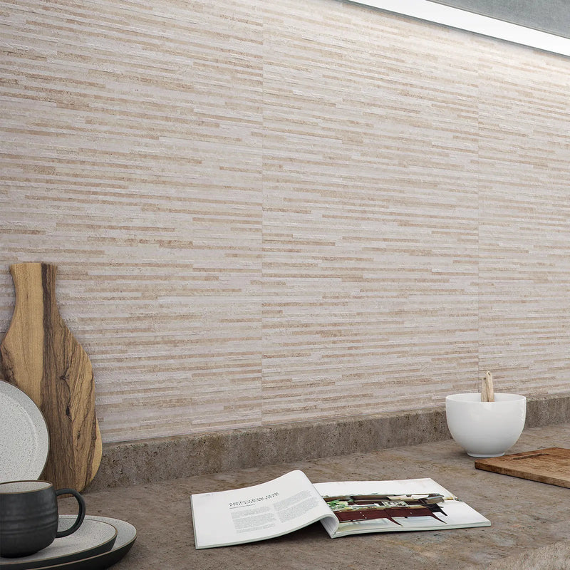 Arianne Almond Silica 30 x 60cm glazed ceramic marble effect decor tile room setting
