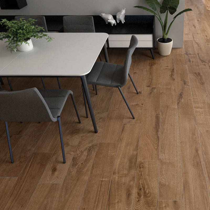 Yukon Walnut 20 x 120cm porcelain wood effect tile room setting