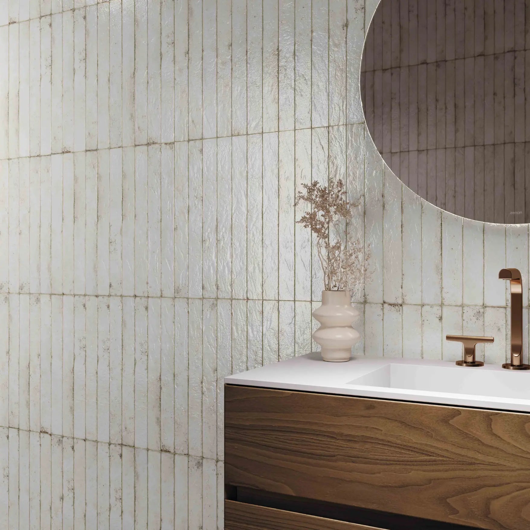 Genesi White Brillo 4.8 x 45cm white gloss brick tiles in a room setting