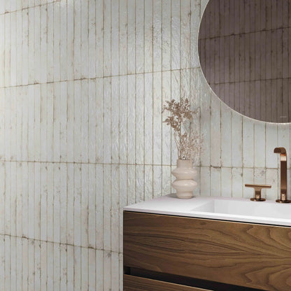 Genesi White Brillo 4.8 x 45cm white gloss brick tiles in a room setting
