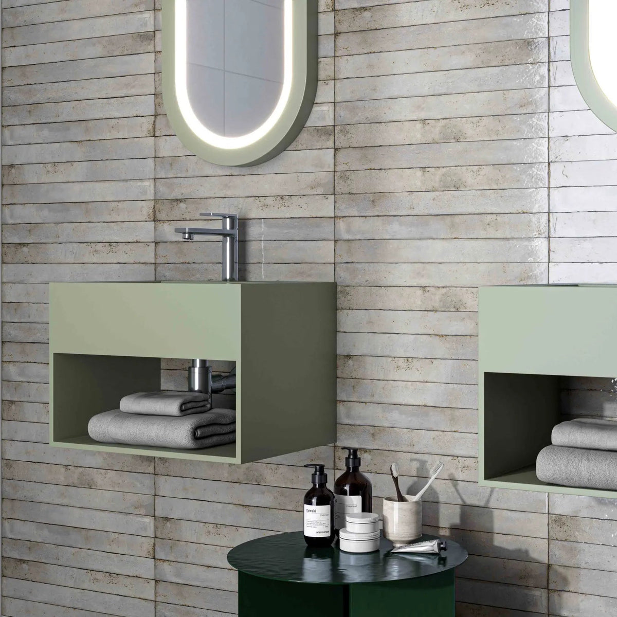 Genesi Pearl Brillo 4.8 x 45cm pearl grey gloss brick tiles in a room setting