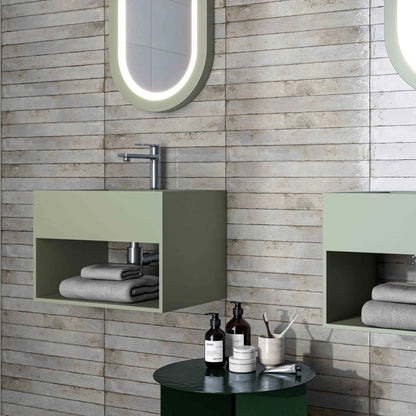 Genesi Pearl Brillo 4.8 x 45cm pearl grey gloss brick tiles in a room setting