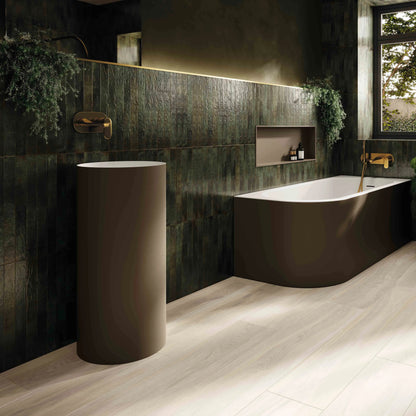 Genesi Green Brillo 4.8 x 45cm green gloss brick tiles in a room setting