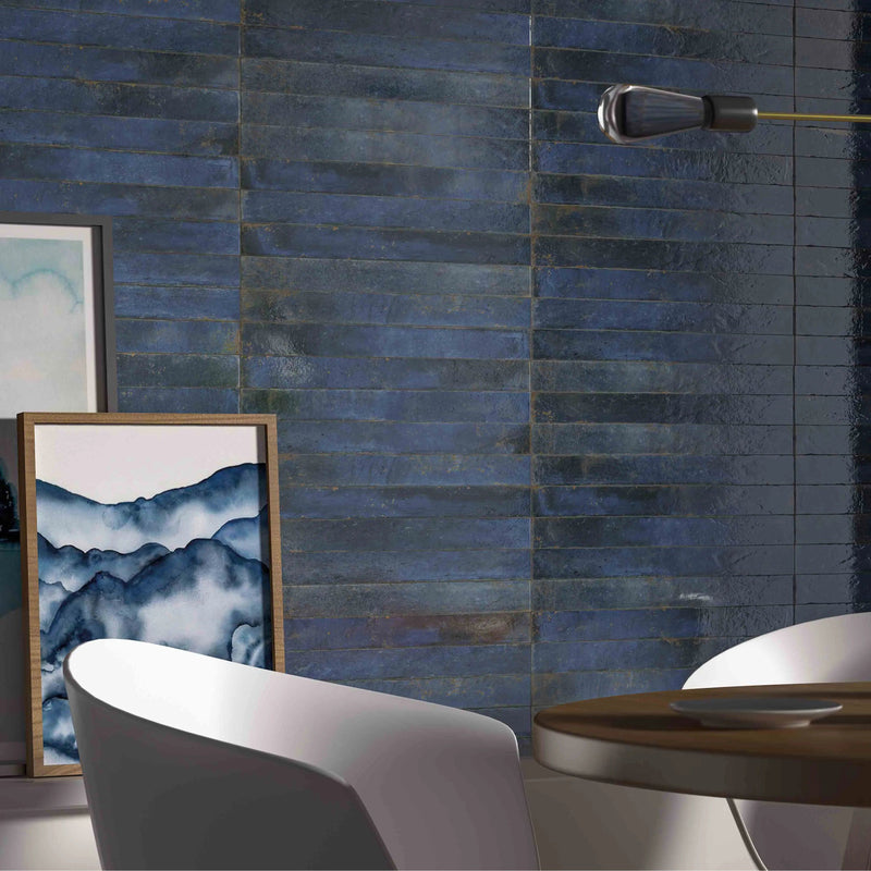 Genesi Blue Brillo 4.8 x 45cm blue gloss brick tiles in a room setting