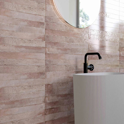 Genesi Pink Brillo 4.8 x 45cm pink gloss brick tiles in a room setting