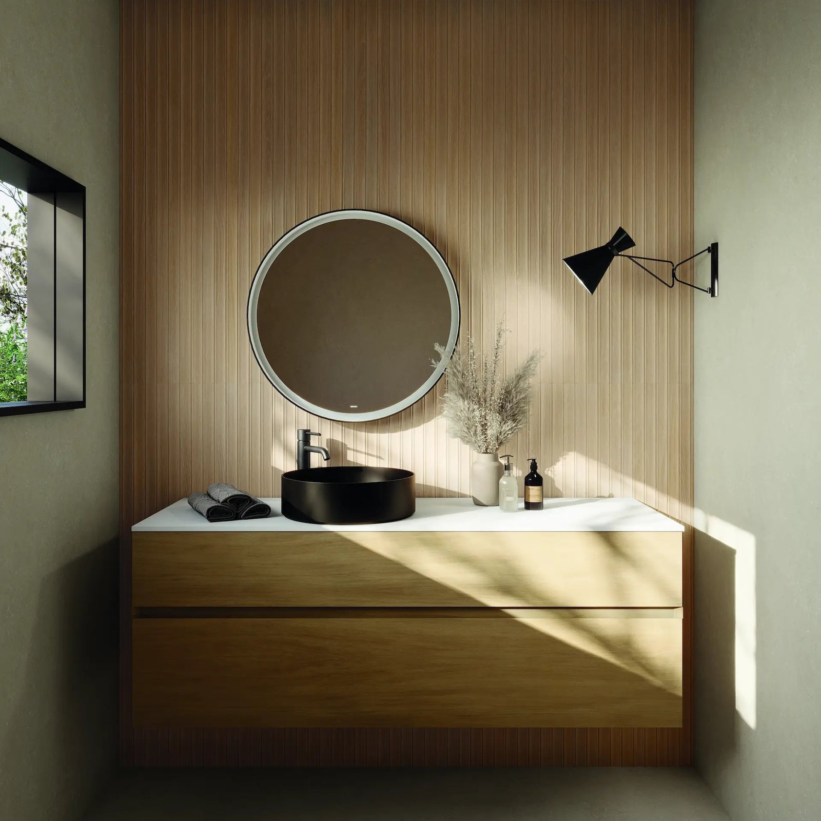 Dune Oak 40 x 120cm Ceramic Tile in a bathroom setting