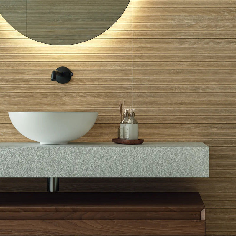 Dune Nature pale wood-effect ceramic feature wall tiles in a bathroom