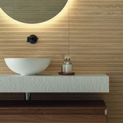 Dune Nature pale wood-effect ceramic feature wall tiles in a bathroom