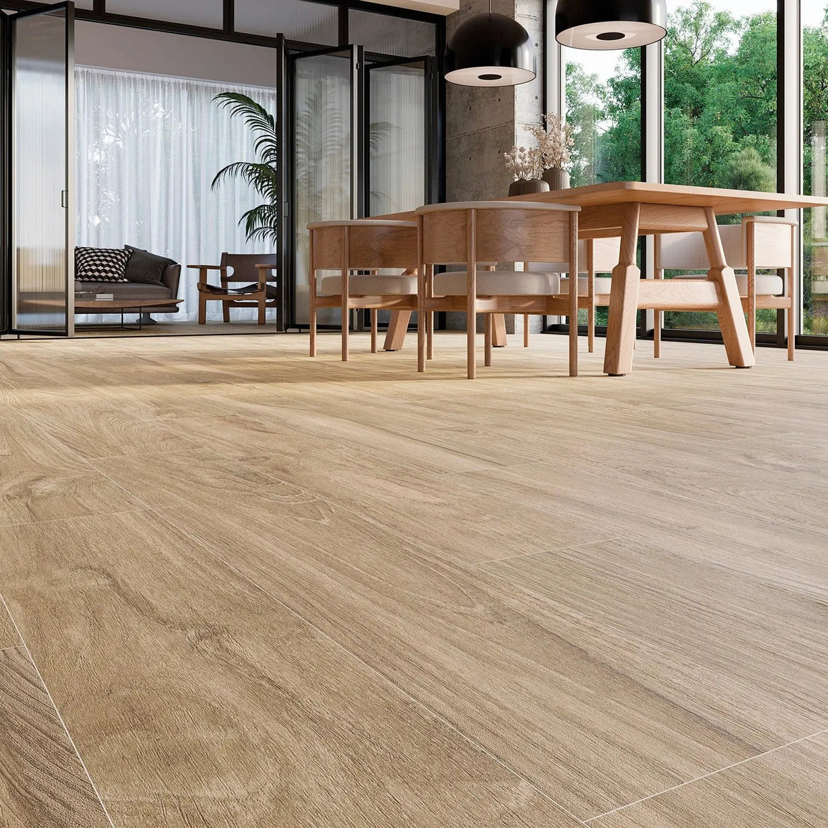 Hannover Wood Honey 20 x 120cm porcelain wood effect tile room setting