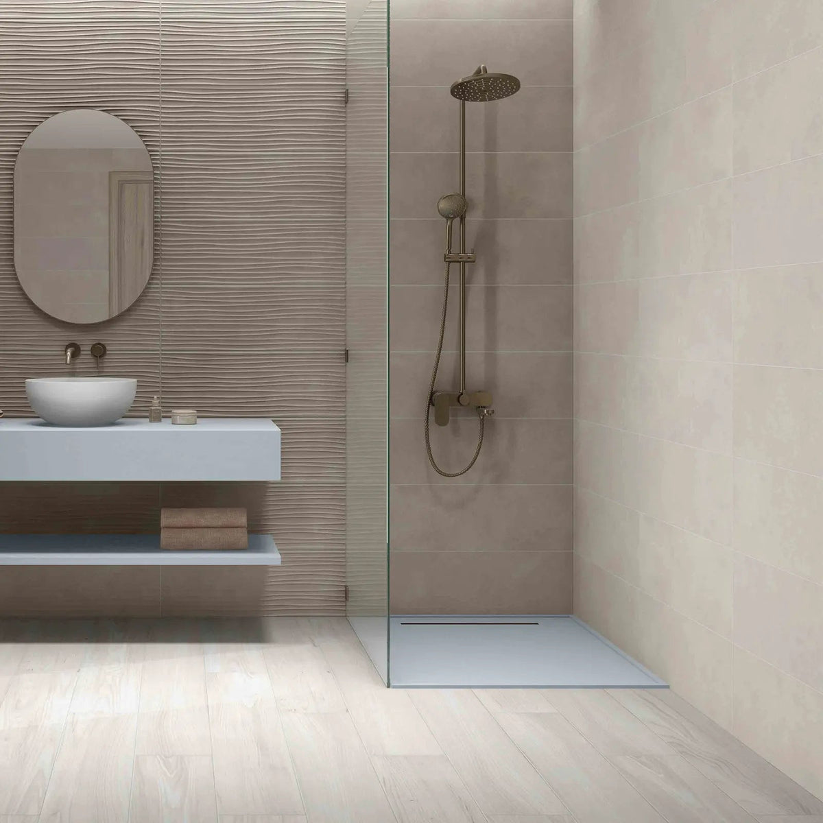 Mist Tortora 25 x 70cm ceramic wall tile room setting