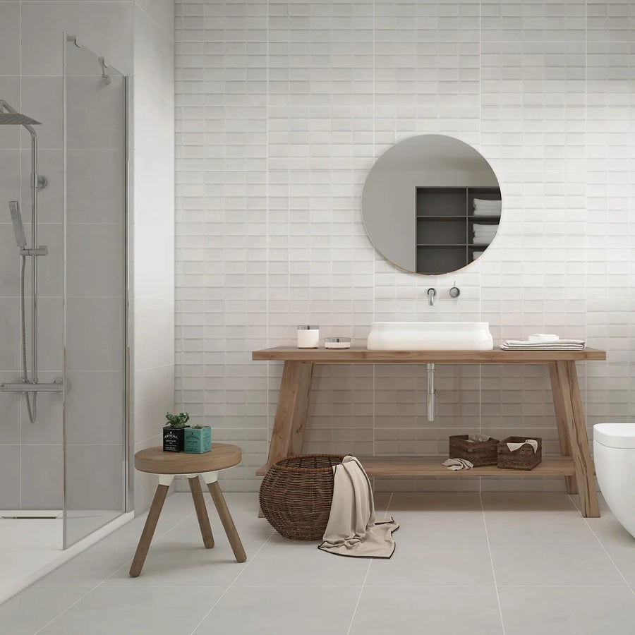 Blaze Perla 33.5 x 55cm pearl grey matt ceramic tile room setting
