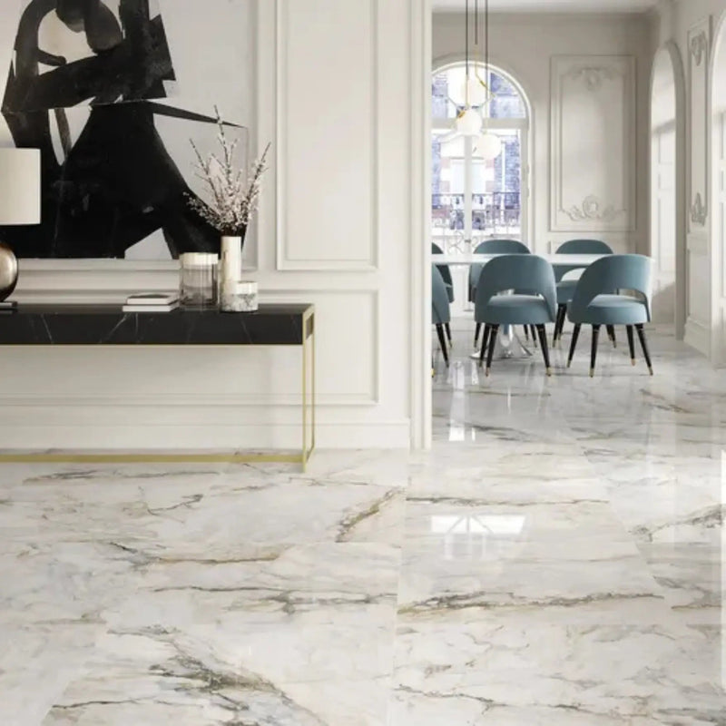 Pisa Gold Gloss 90 x 90cm porcelain marble effect tile room setting