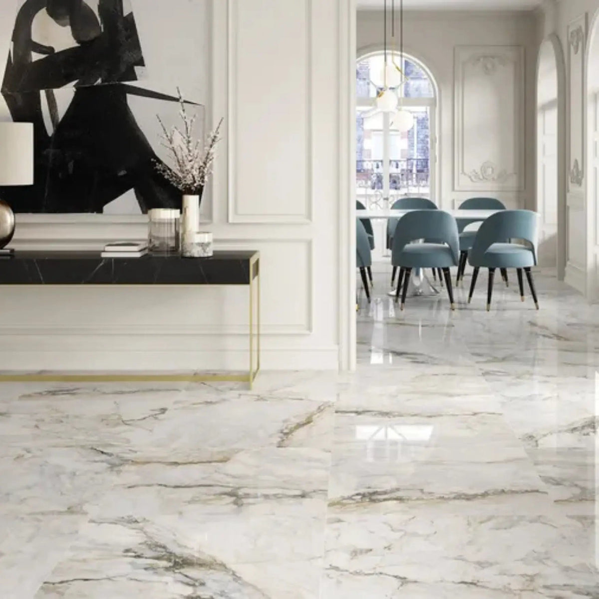 Pisa Gold Gloss 90 x 90cm porcelain marble effect tile room setting
