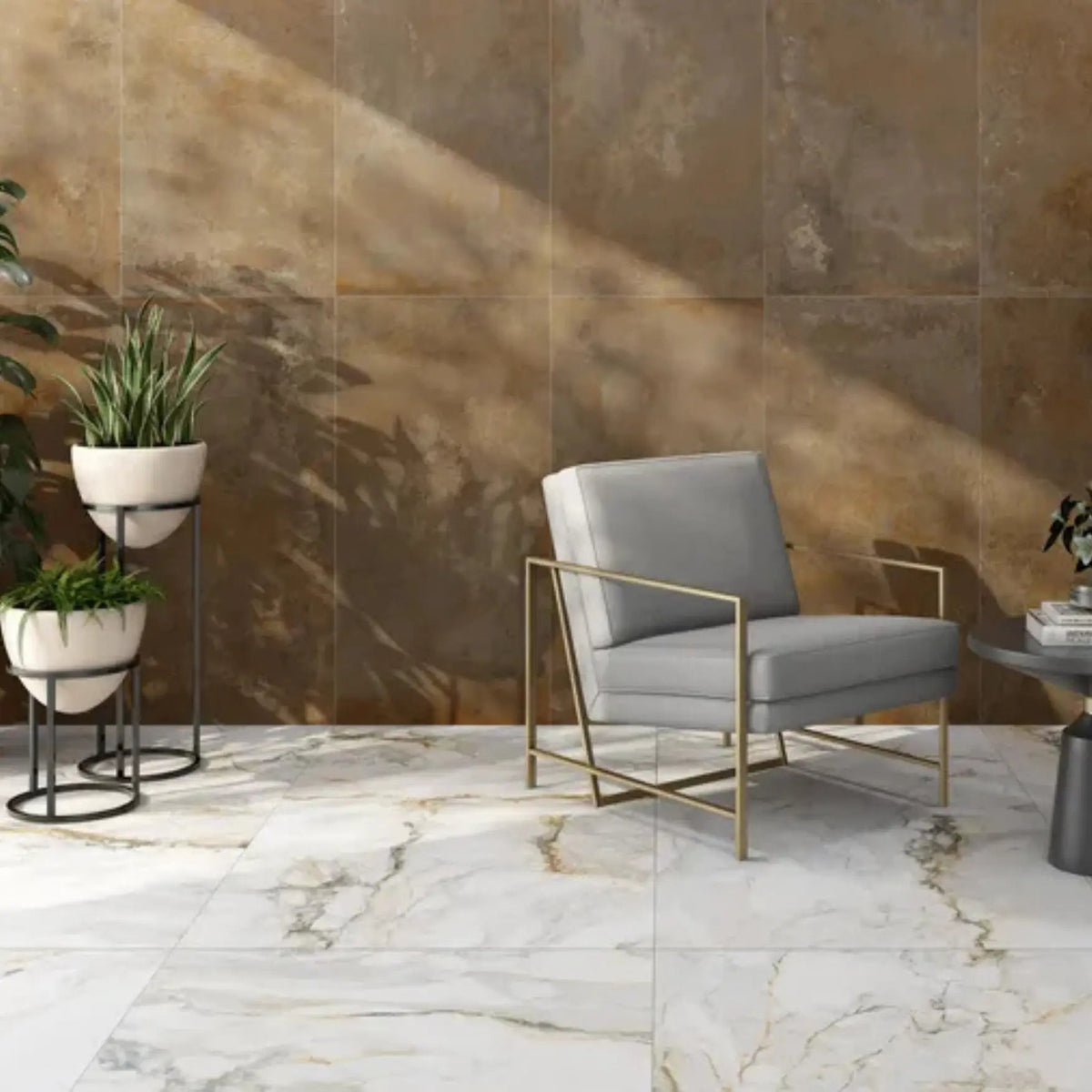 Pisa Gold Gloss 90 x 90cm porcelain marble effect tile room setting