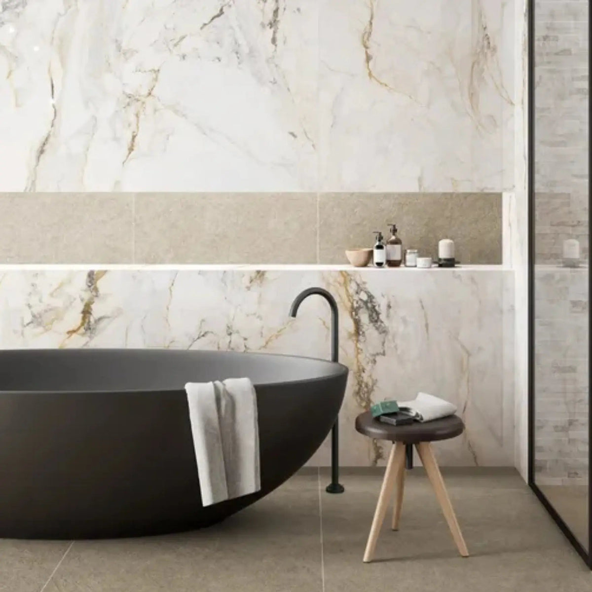 Pisa Gold Gloss 90 x 90cm porcelain marble effect tile room setting