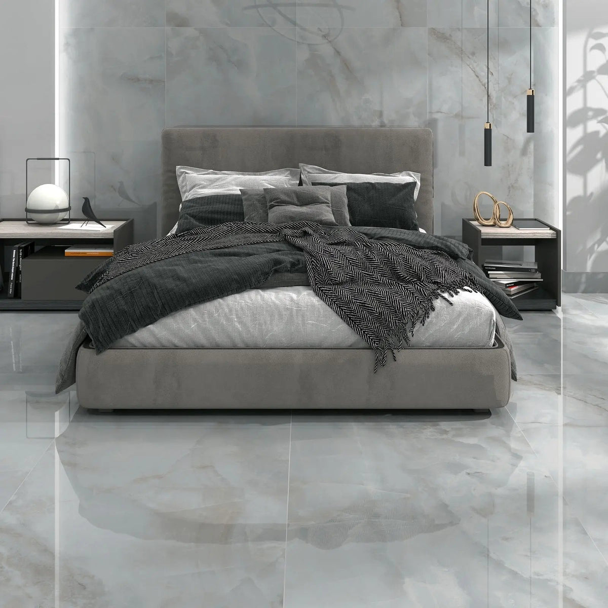 Sardonyx Pearl 90 x 90cm porcelain marble effect tile room setting