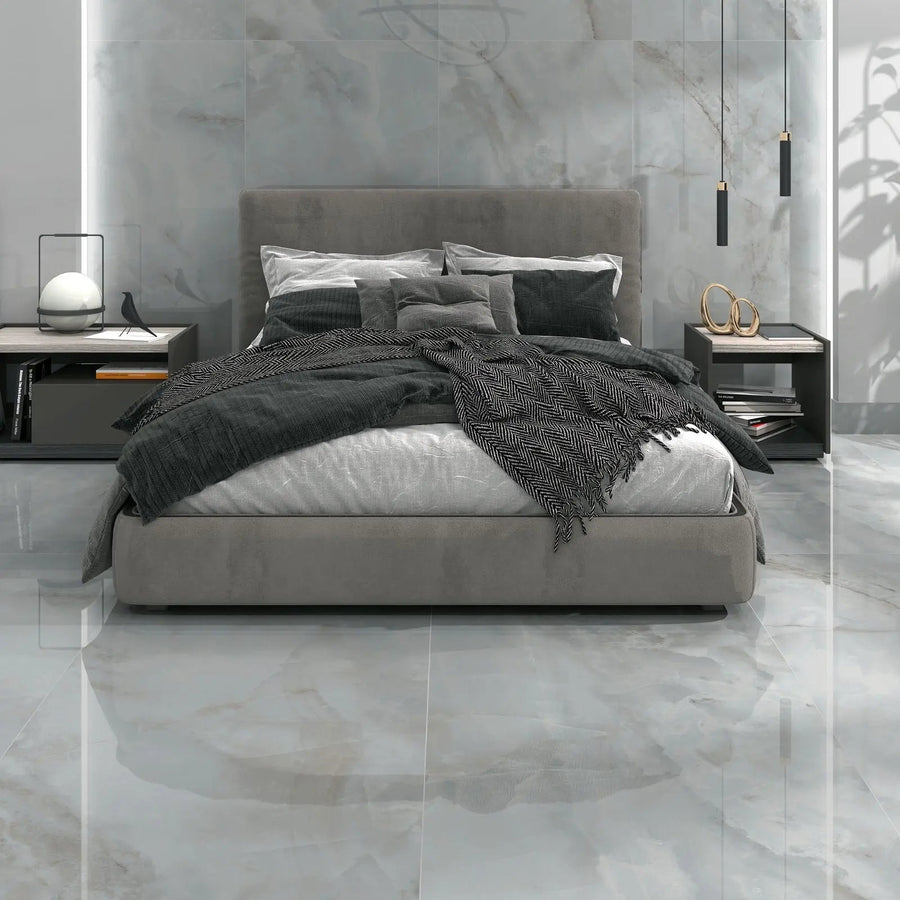 Sardonyx Pearl 90 x 90cm porcelain marble effect tile room setting