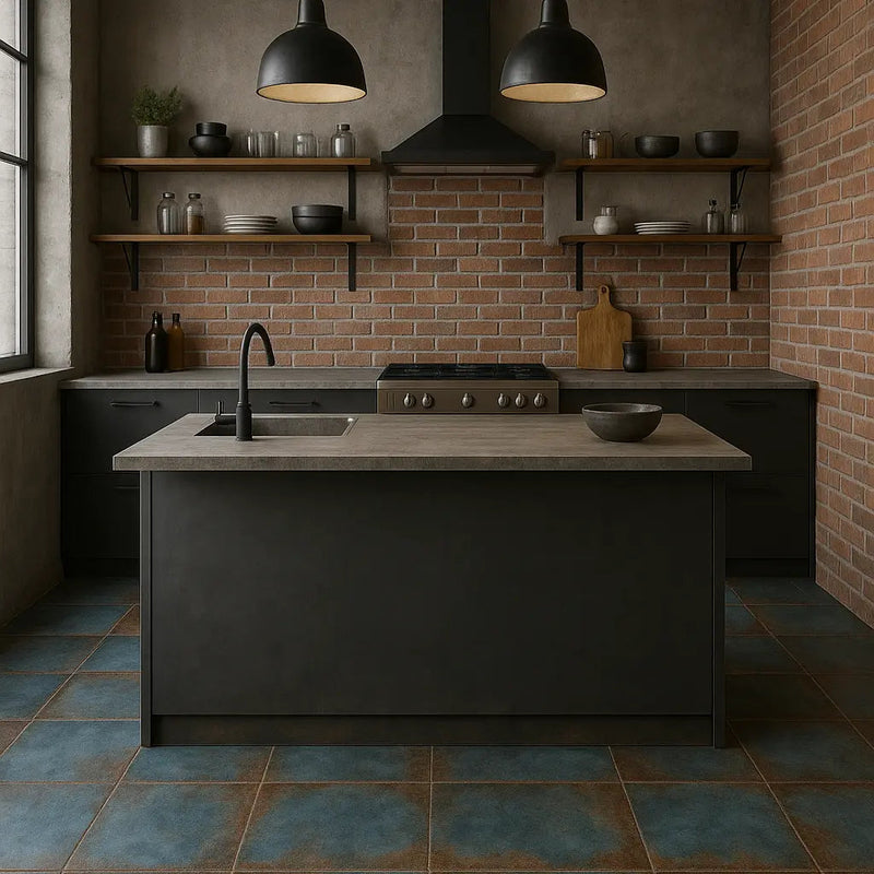 Alloy Azzurro Matt 60x60cm blue metal effect porcelain tiles in a room setting