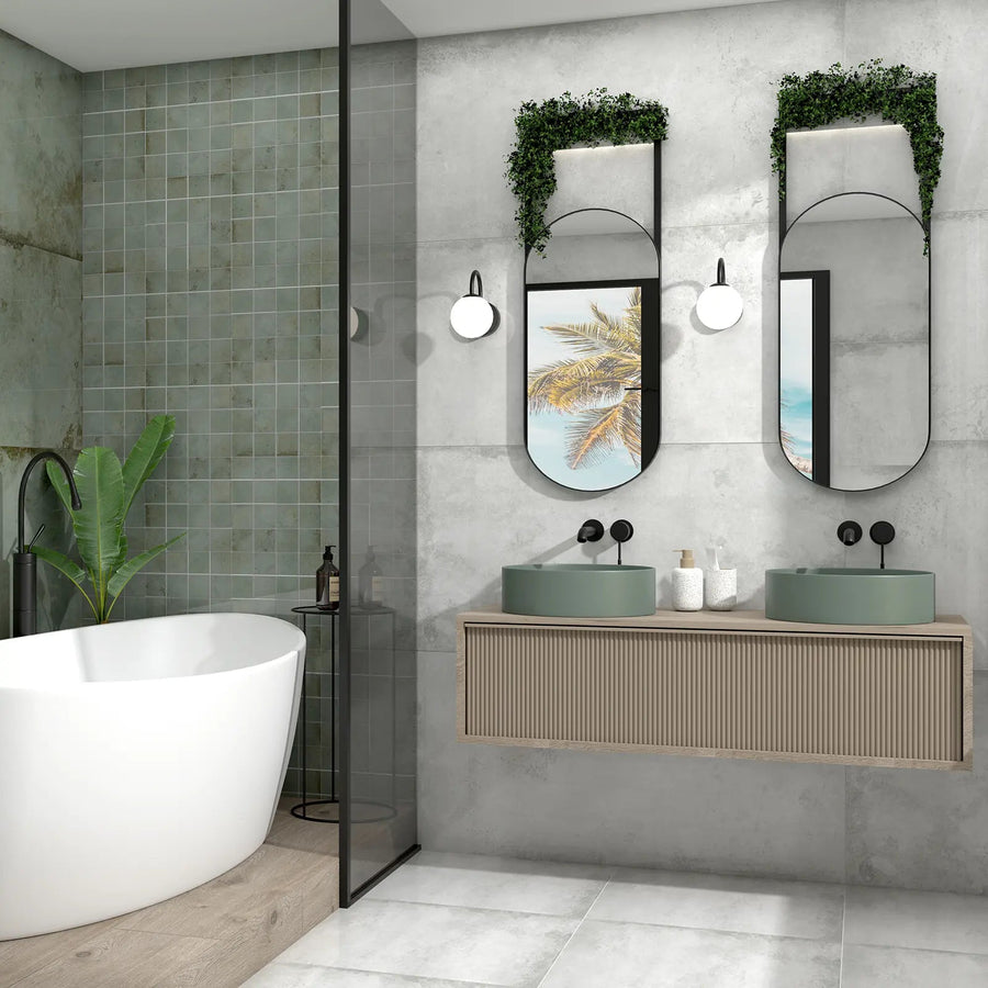 Alloy Pearl Matt 60x60cm pale metal effect porcelain tiles in a room setting