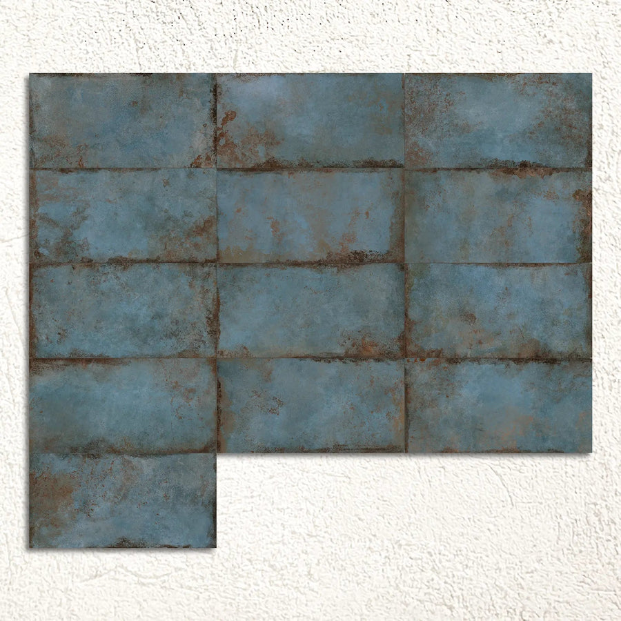 Alloy Azzurro Semi Polished 60x120cm blue metal effect porcelain tiles shown as a large surface