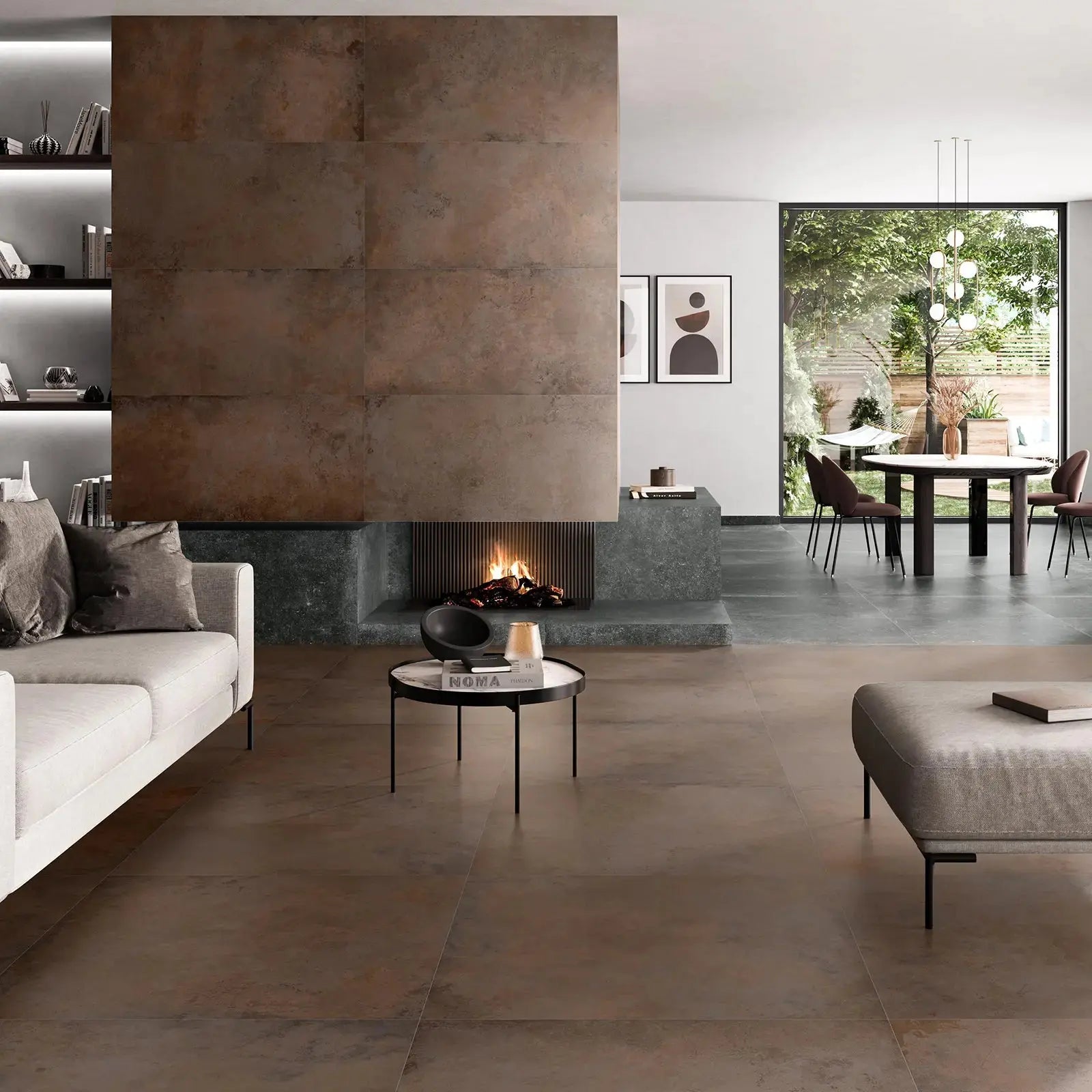 Alloy Copper metal effect porcelain tiles in a room setting
