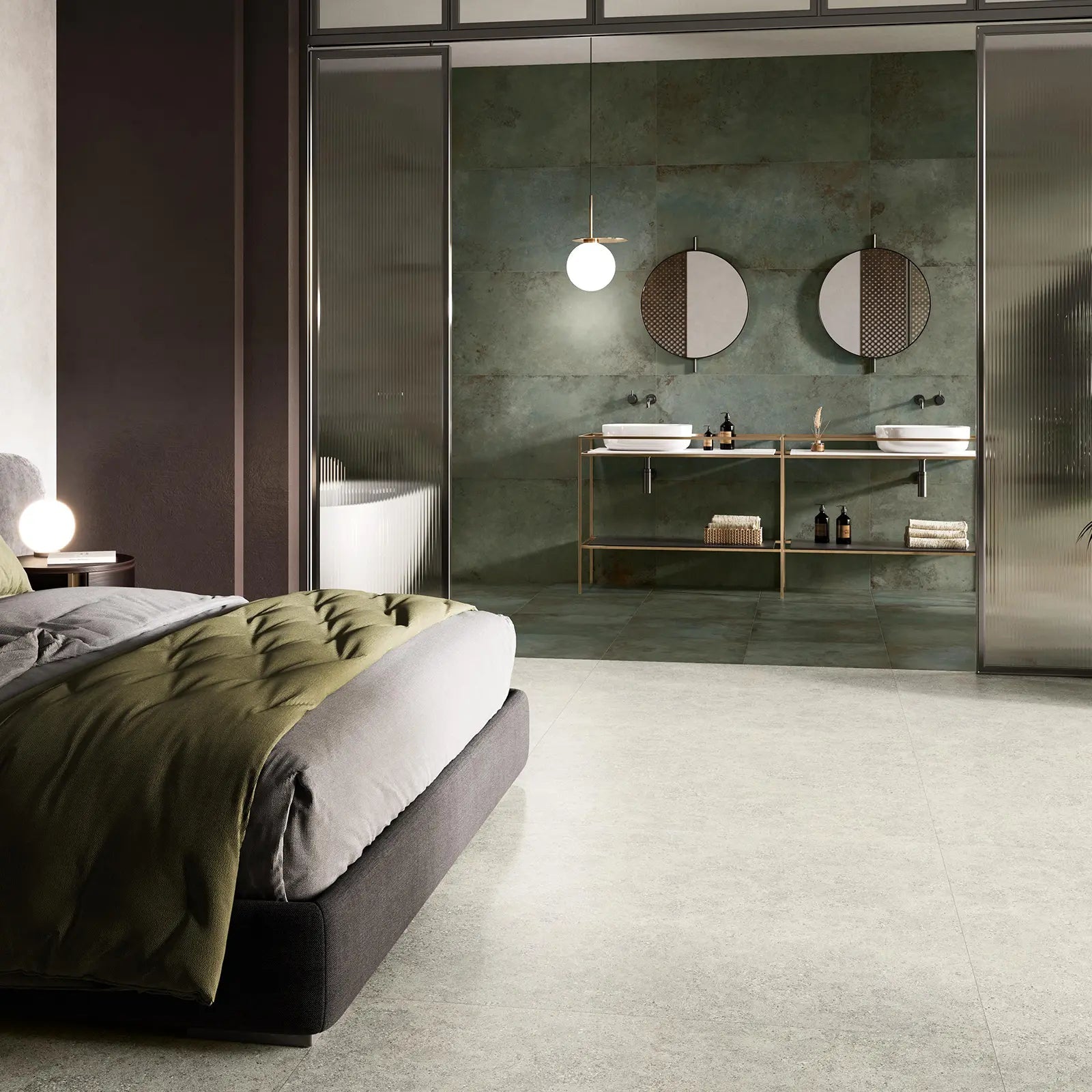 Alloy Mint Semi Polished 60x120cm pale green metal effect porcelain tiles shown in an interior