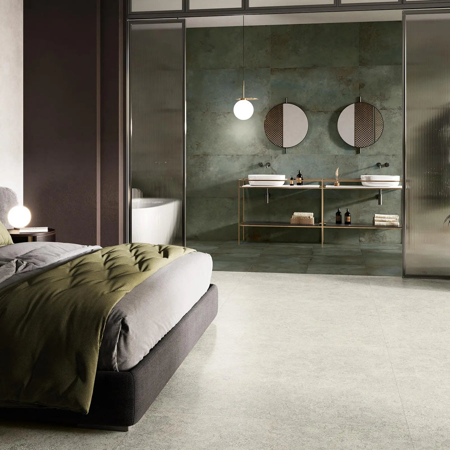 Alloy Mint Semi Polished 60x120cm pale green metal effect porcelain tiles shown in an interior