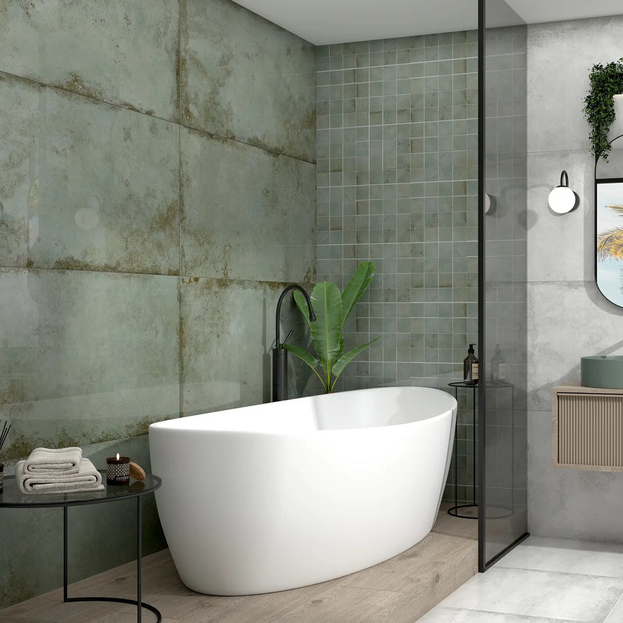 Alloy Mint Semi Polished 60x120cm pale green metal effect porcelain tiles in a room setting