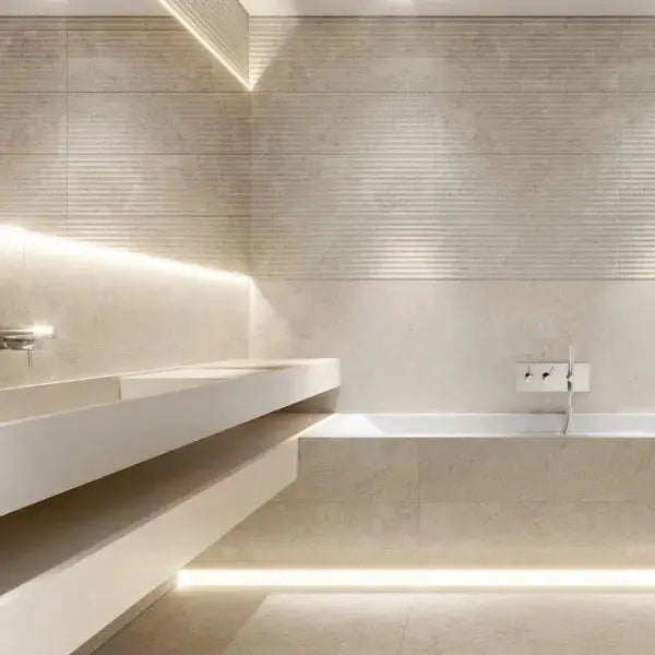 Serene Marfil 30 x 90cm glazed ceramic stone effect tile room setting detail