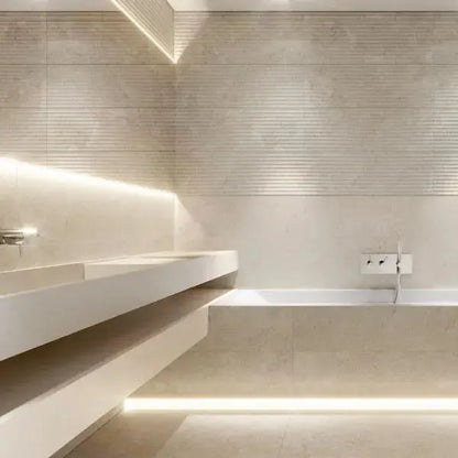 Serene Marfil 30 x 90cm glazed ceramic stone effect tile room setting detail