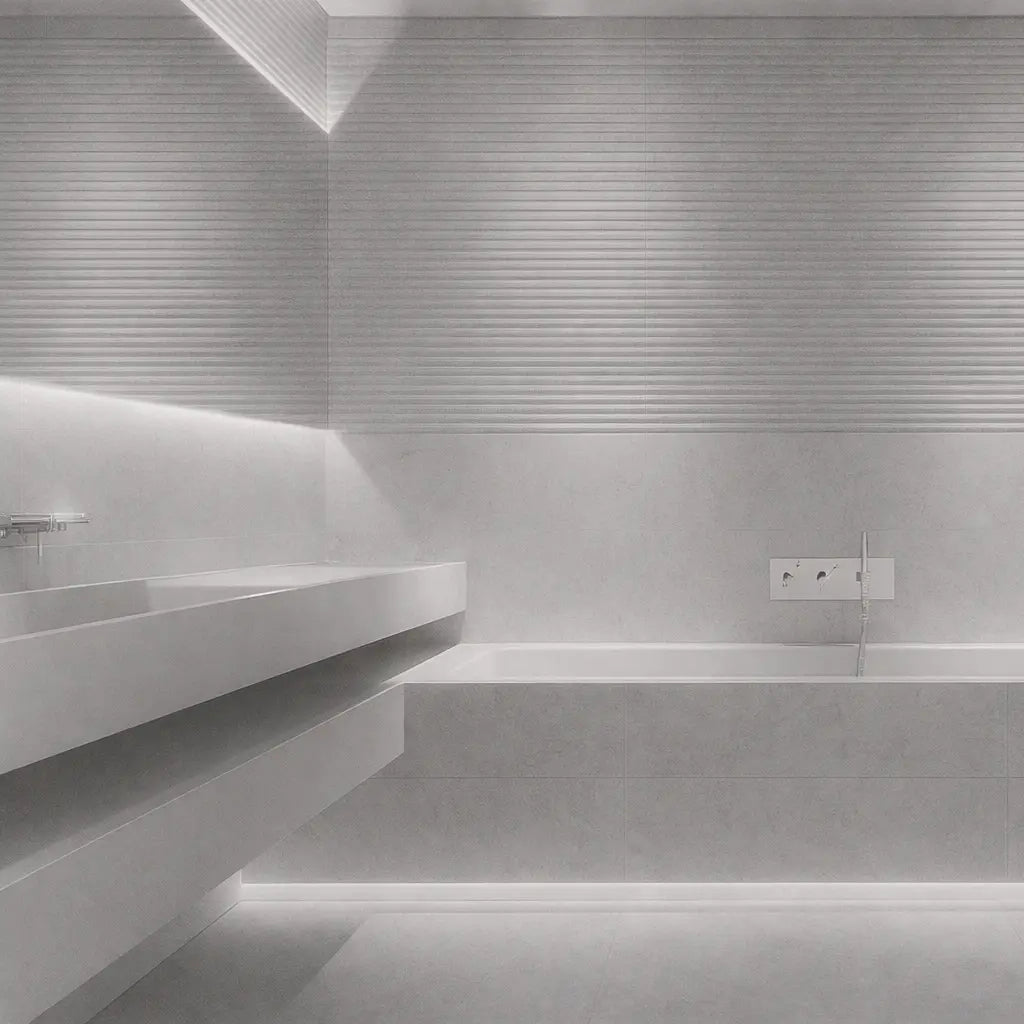 Modern bathroom with gray tiles and a white sink.