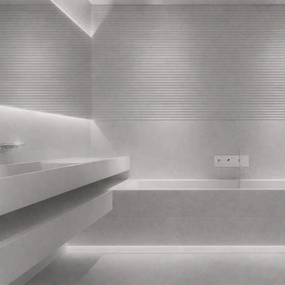 Modern bathroom with gray tiles and a white sink.