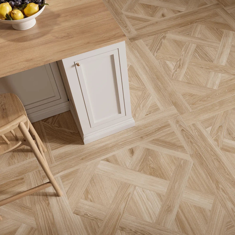 Chamonix Almond wood-effect porcelain floor tiles in an open-plan living space