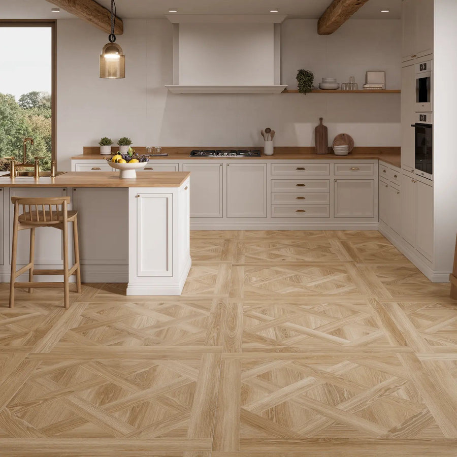 Chamonix Almond wood-effect porcelain floor tiles in a warm neutral room setting