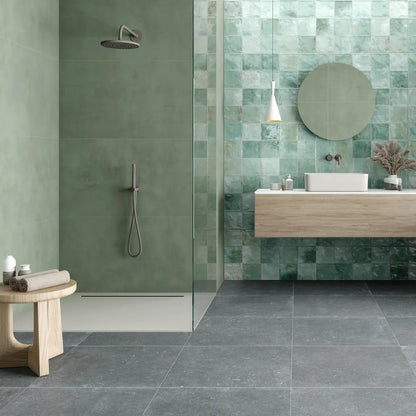 Adonara Eucalyptus green gloss ceramic wall tiles styled in a room setting