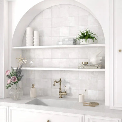 Adonara Ice decorative white wall tiles on a bathroom feature wall