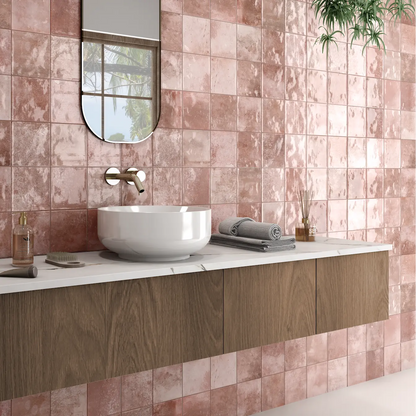 Adonara Sienna terracotta gloss ceramic wall tiles styled in a room setting