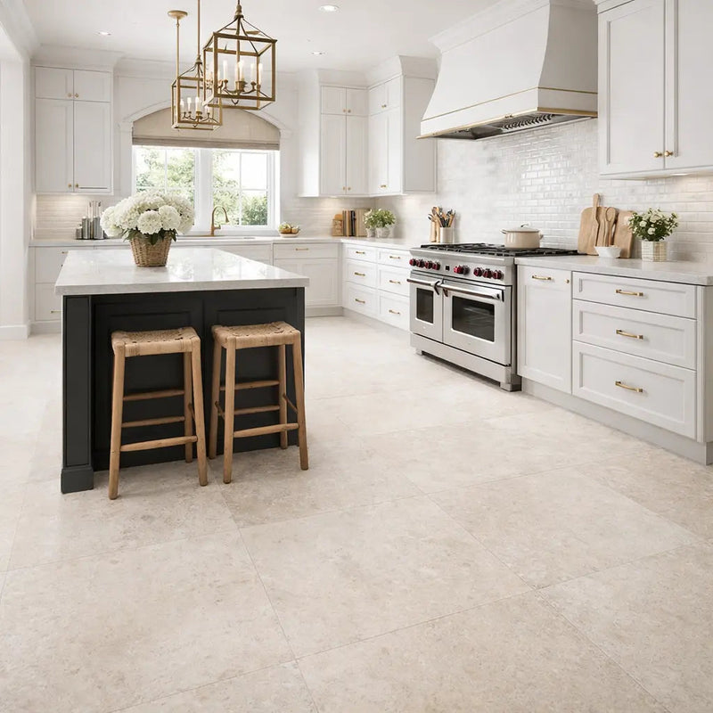 Elva Greige stone-effect porcelain floor tiles in an open-plan living space