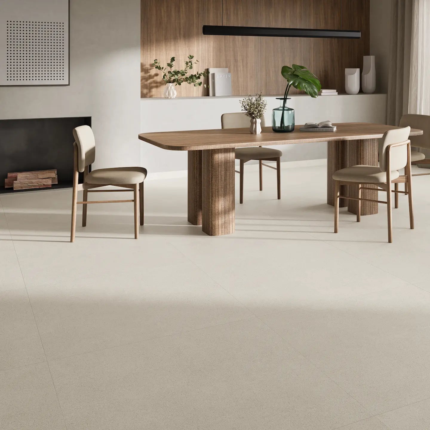 Elora Beige stone-effect porcelain floor tiles in an open-plan living space