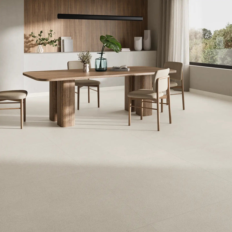 Elora Blanco stone-effect porcelain floor tiles in a bright open-plan interior